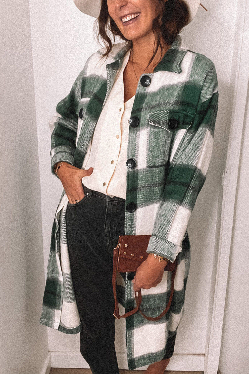 Shacket Green Shirt Collar Button Closure Plaid Coat