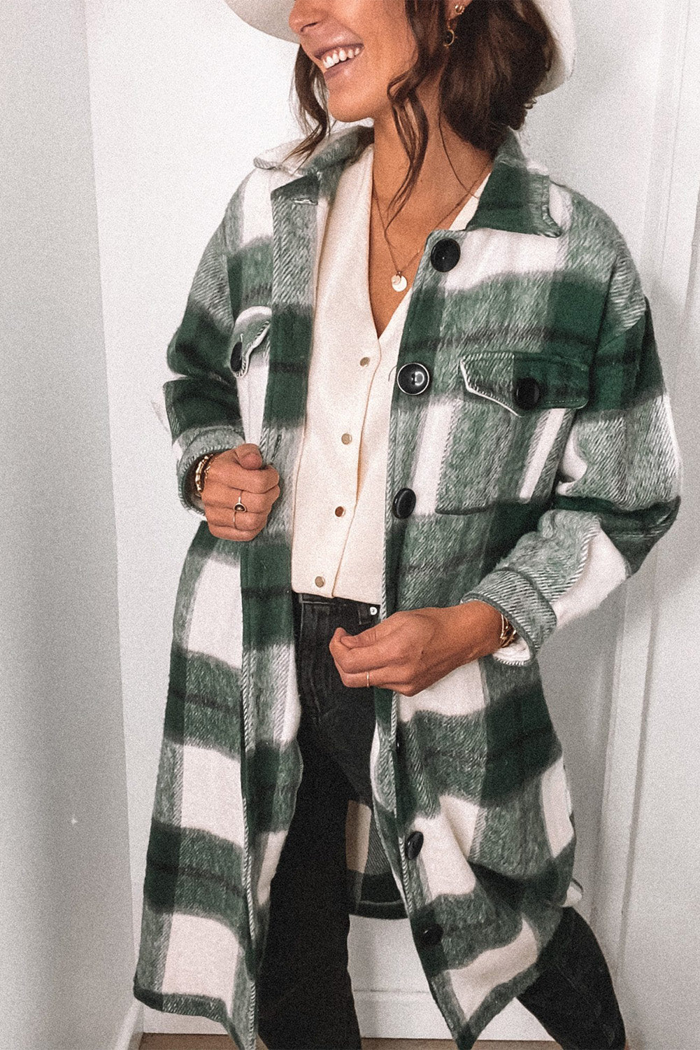 Shacket Green Shirt Collar Button Closure Plaid Coat