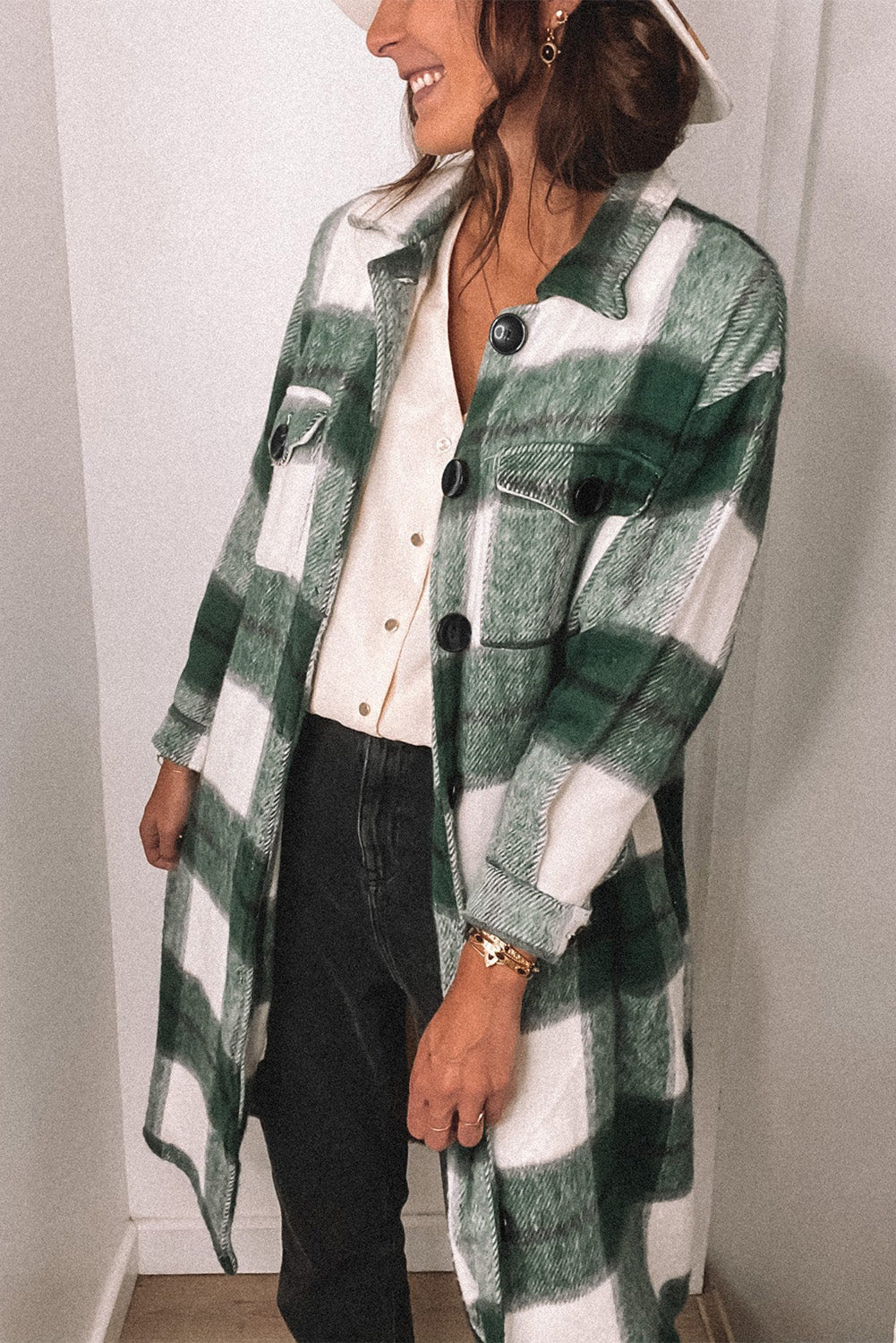 Shacket Green Shirt Collar Button Closure Plaid Coat