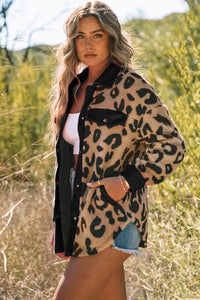 Black Contrast Trimmed Leopard Teddy Shacket