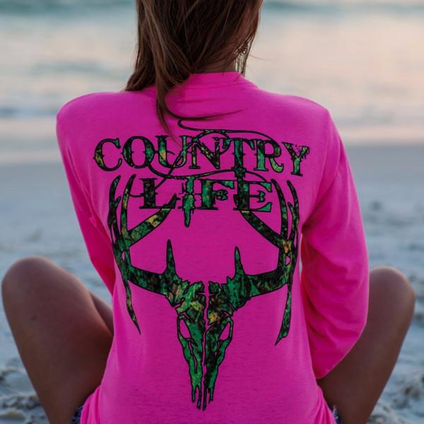 Country life Long sleeve  Unisex HOT PINK with Camouflage lime green long sleeve shirt