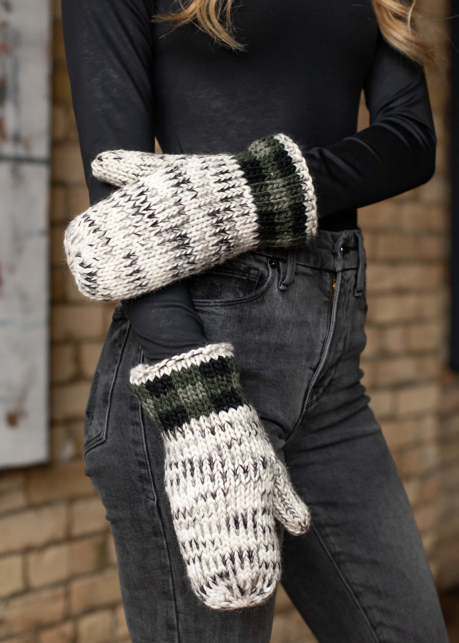Grey heather with grey and tan buffalo plaid trim fleece lined mitten