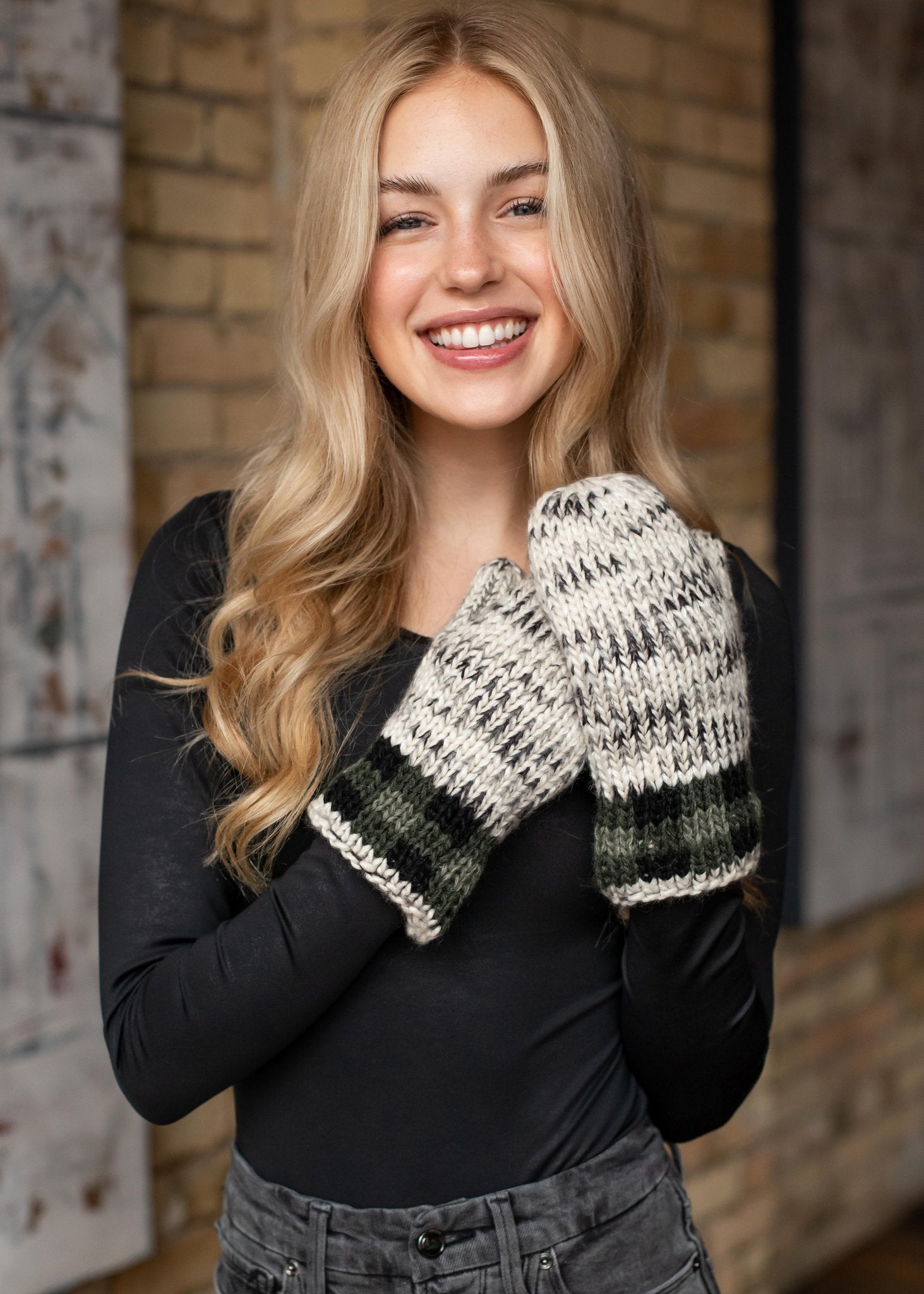 Grey heather with green buffalo plaid trim fleece lined mitten