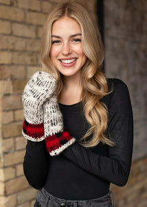 Grey heather with red buffalo plaid trim fleece lined mitten