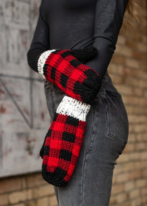 Red buffalo plaid with grey trim fleece lined knit mitten