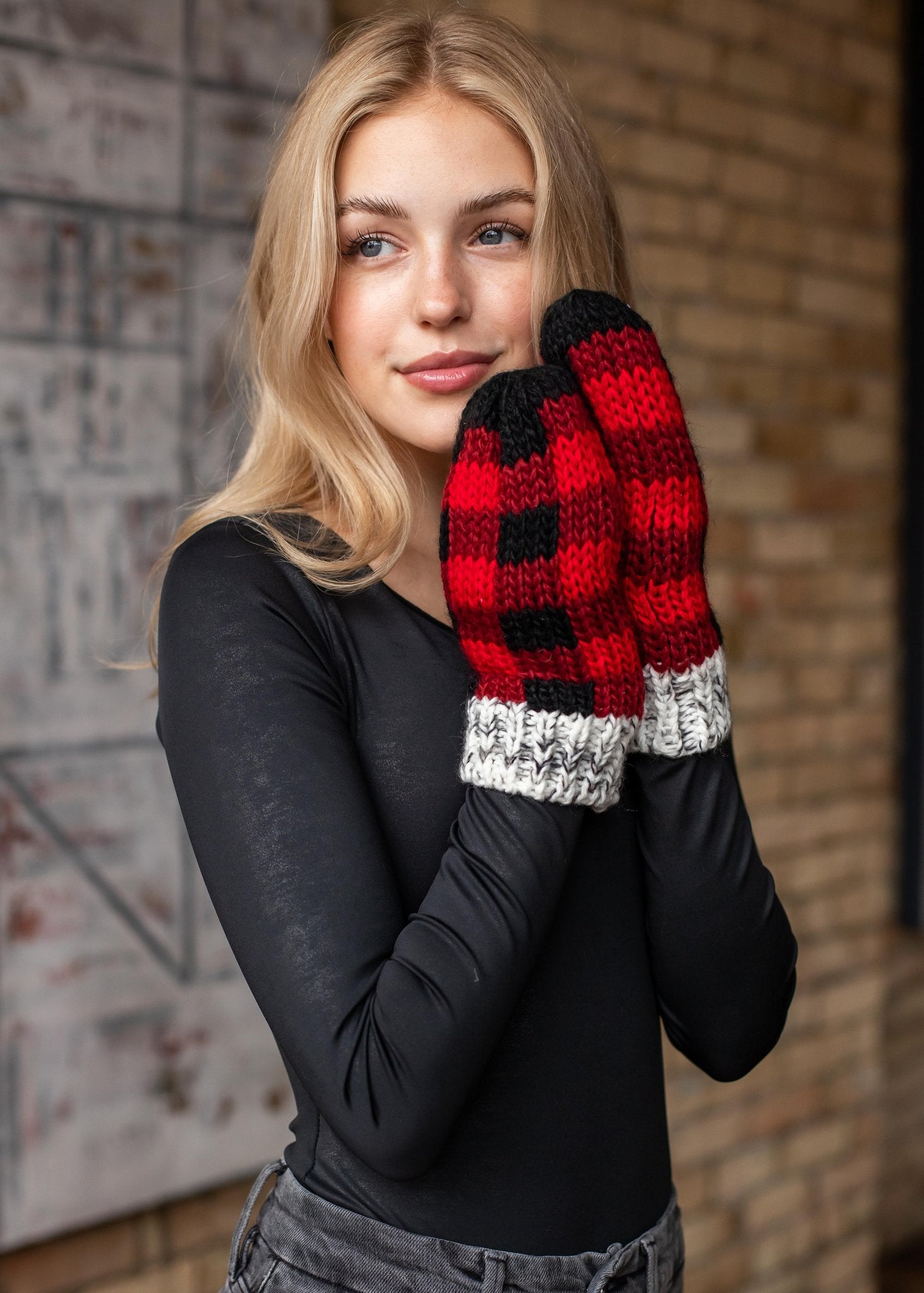Red buffalo plaid with grey trim fleece lined knit mitten