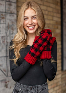 Red and black buffalo plaid fleece lined knit mitten