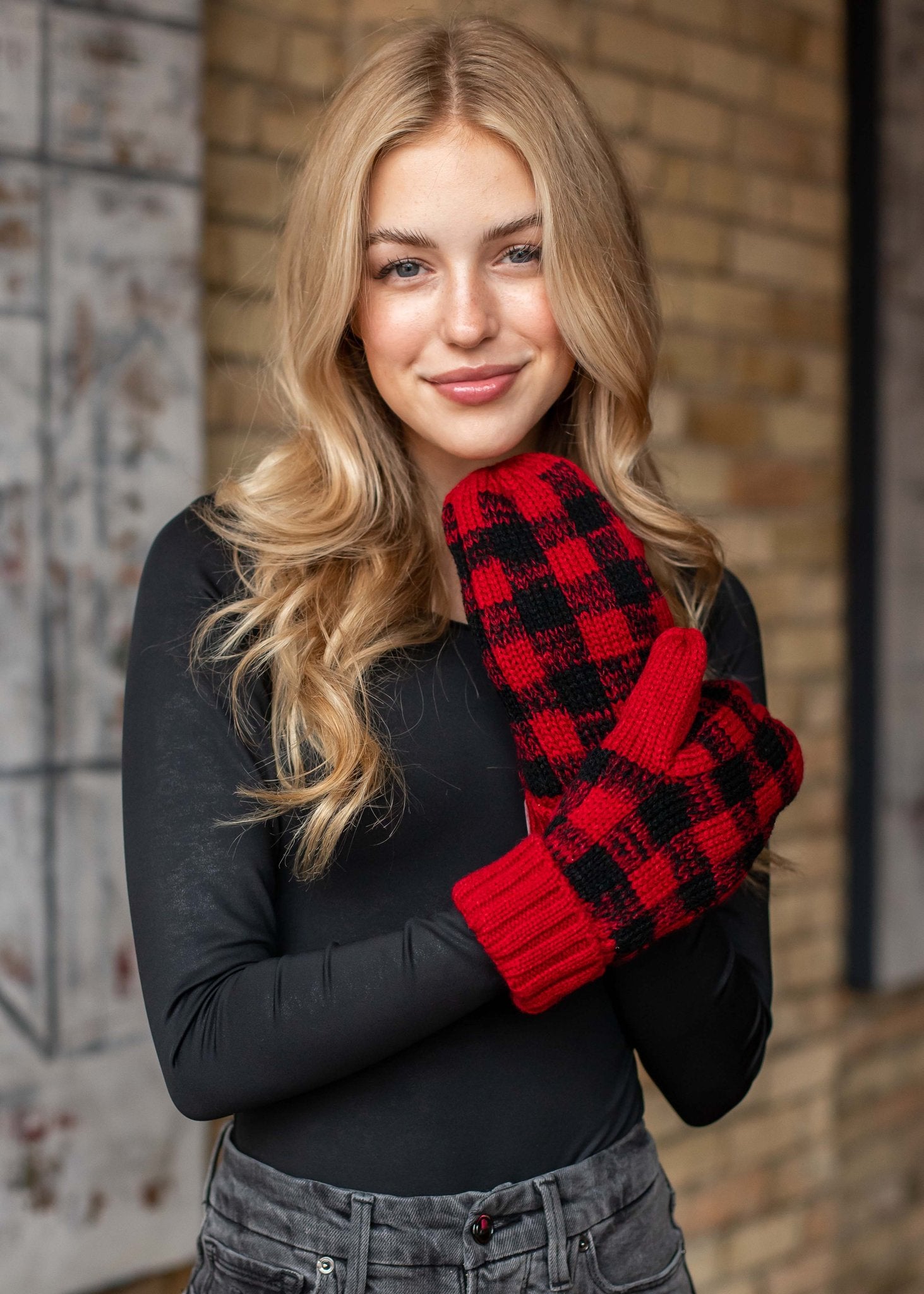 Red and black buffalo plaid fleece lined knit mitten