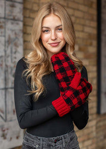Red and black buffalo plaid fleece lined knit mitten