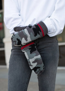 Grey camo with red stripe knit mittens Fleece lined