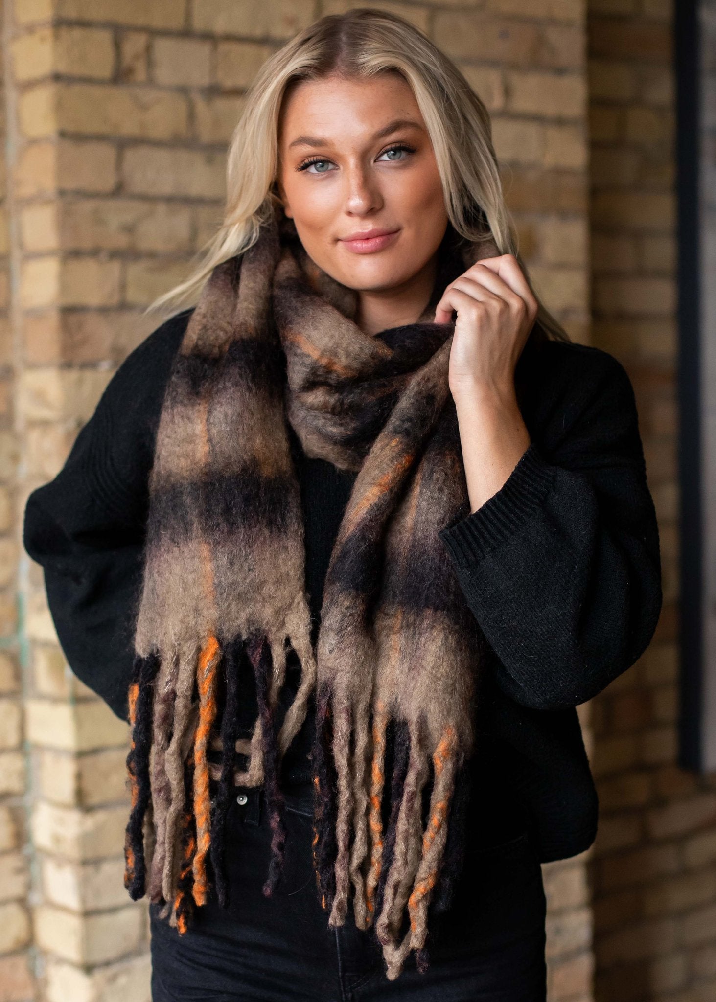 Brown long scarf with plaid and fringe detail