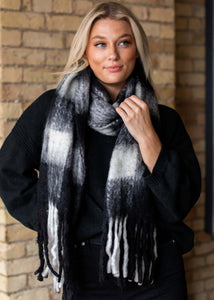 Black and white plaid long scarf with fringe