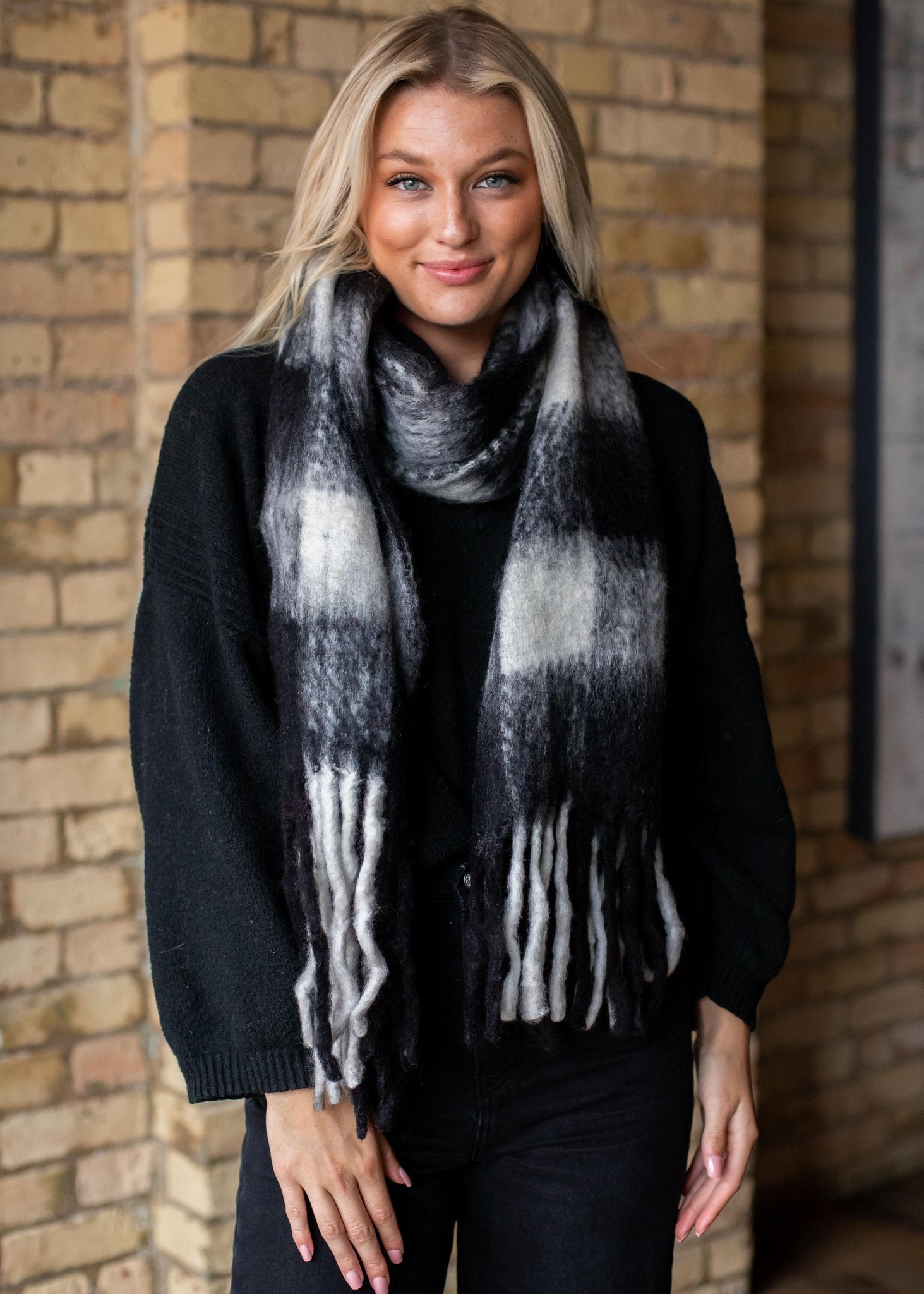 Black and white plaid long scarf with fringe
