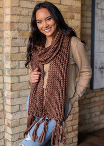 Handmade brown loom woven long scarf with fringe