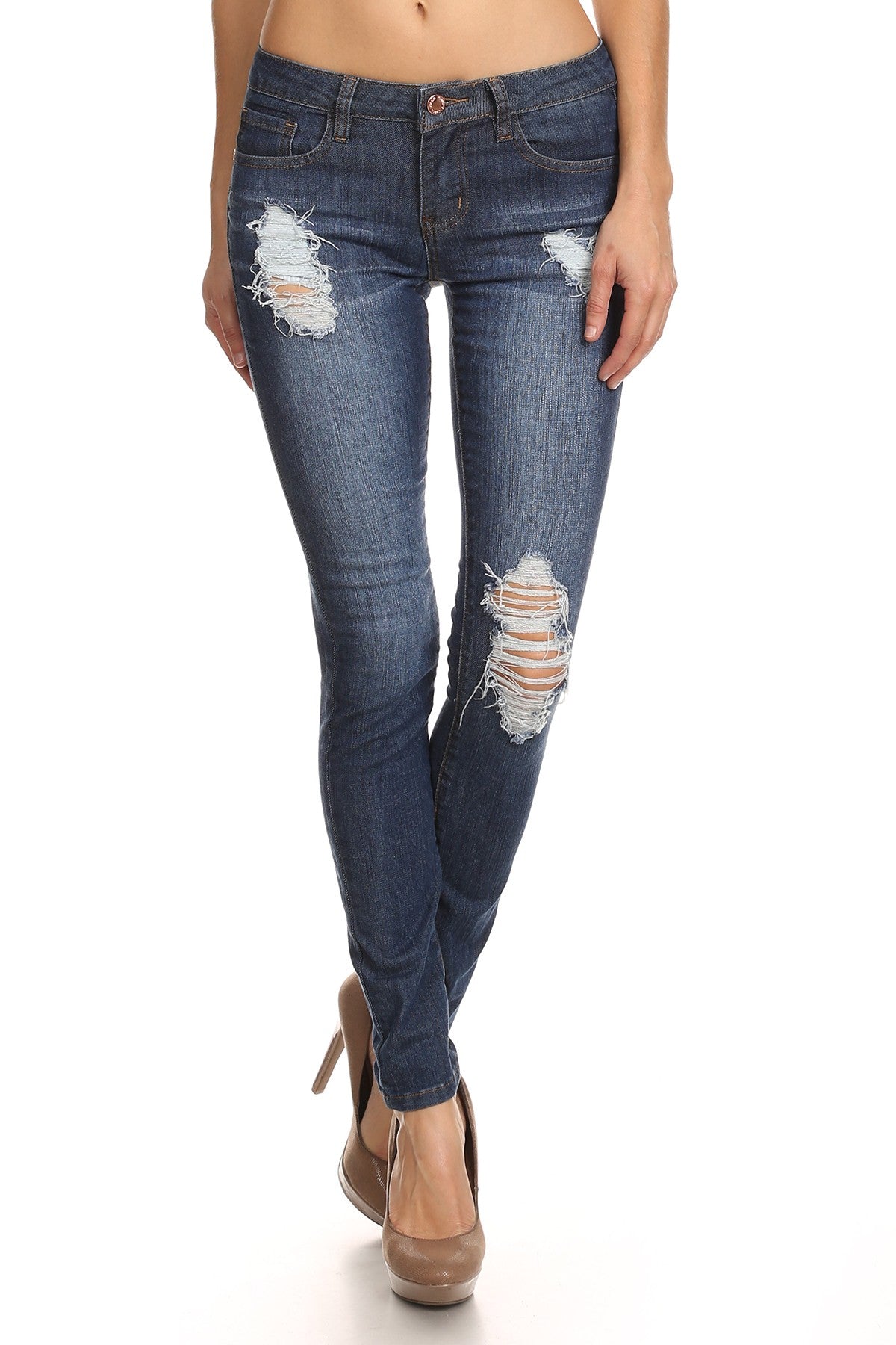 Sale Distressed Skinny Jeans Ripped Women's Dark Blue Denim