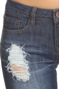 Sale Distressed Skinny Jeans Ripped Women's Dark Blue Denim