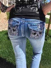 Boot cut denim biker Skull Jean on back pocket