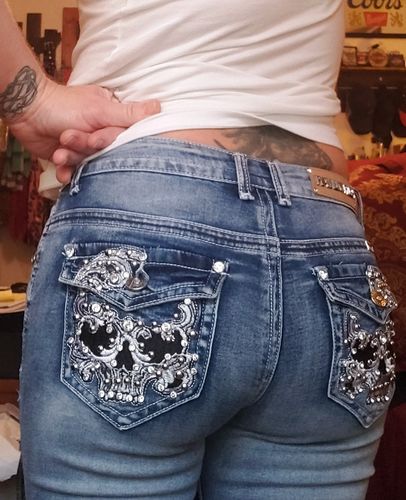 Boot cut denim biker Skull Jean on back pocket