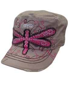 Dragonfly fuchsia tan chocolate brown cadet hat adjustable