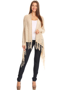 Knit draped cardigan with open front, long sleeves, and asymmetrical hem with fringe detail