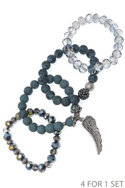 RHINESTONE BALL CRYSTAL BEAD WITH CHARM STRETCH BRACELET Four piece set  wing charm
