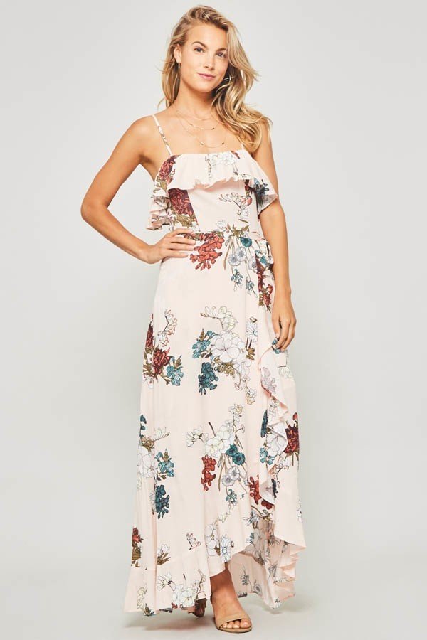 Floral maxi dress featuring straight neckline