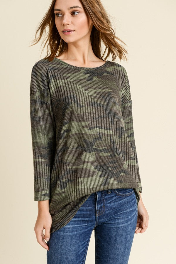 Ladies /women RIBBED CAMO TOP WITH A ROUND NECKLINE AND V CRISSCROSS BACK AND LONG SLEEVES