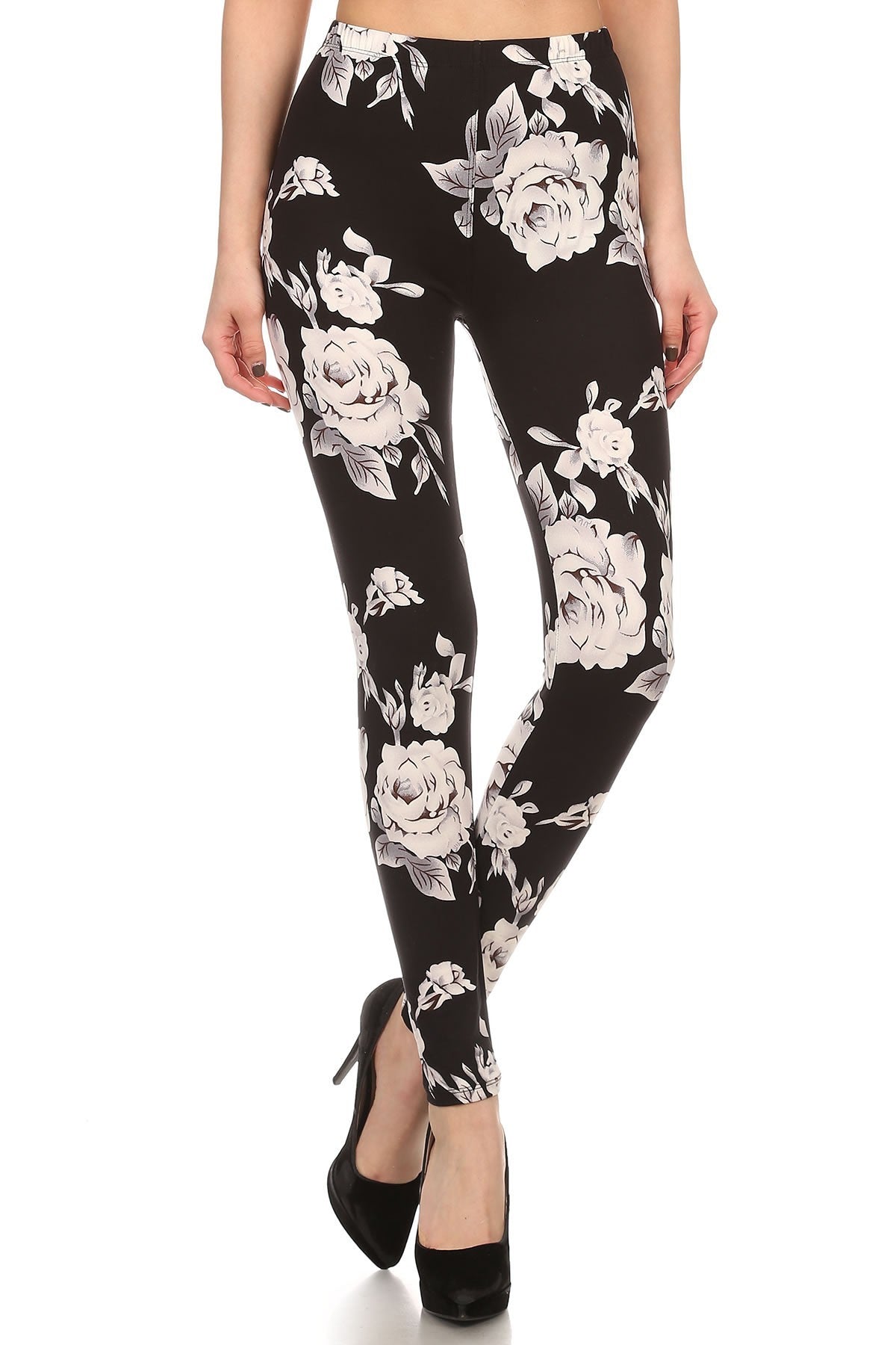 White rose flower black jagging‘s  Womens best leggings BUTTERY SOFT LEGGINGS One Size  Print Natural flower print
