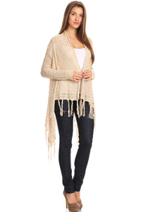 Knit draped cardigan with open front, long sleeves, and asymmetrical hem with fringe detail