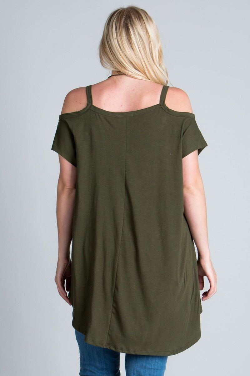 Sexy Plus size, Cold shoulder, short sleeved, high-low top with round-neck