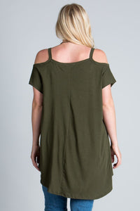 Sexy Plus size, Cold shoulder, short sleeved, high-low top with round-neck