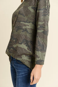 Ladies /women RIBBED CAMO TOP WITH A ROUND NECKLINE AND V CRISSCROSS BACK AND LONG SLEEVES
