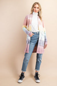 LAST ONE LONG SLEEVE CARDIGAN WITH FRONT POCKETS CASHMERE FEEL MULTI COLOR OMBRE GARMENT DYE OPEN FRONT