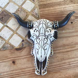 Gorgeous tribal longhorn with teal cow skull