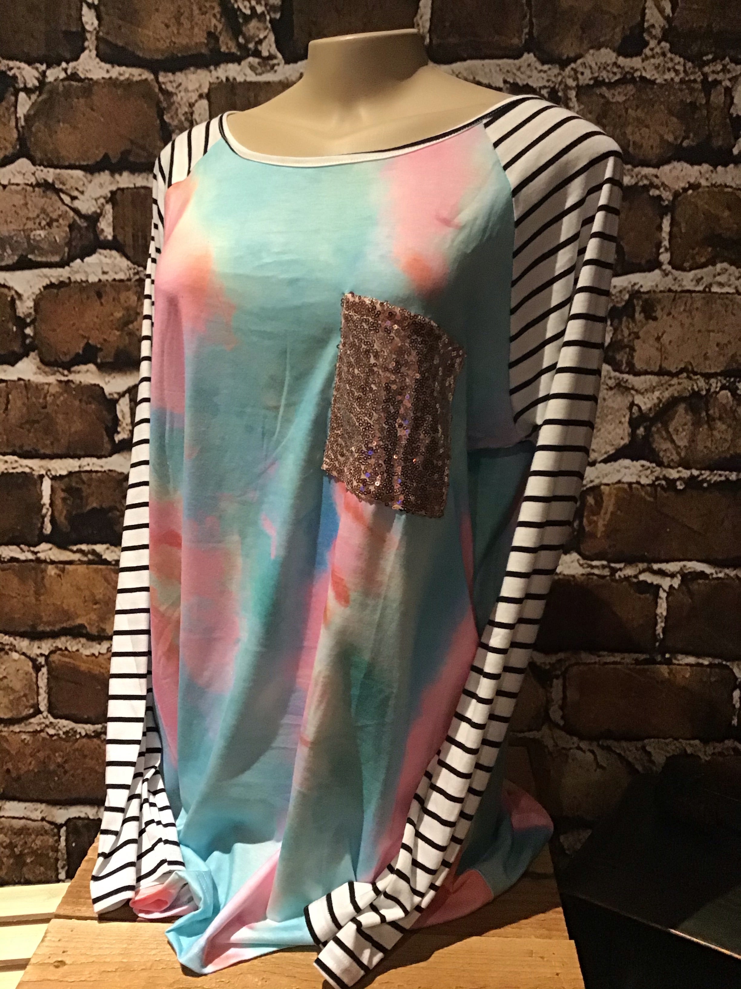 TIE DYE FRENCH TERRY  TOP WITH STRIPE RAGLAN SLEEVES AND SEQUINS FRONT PATCH POCKETWomen’s long sleeve tie dye sequence pocket Size Xlarge