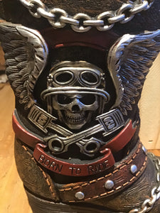Motorcycle Boot Accented with a Skull, Wings, Chain, Pistons and a BORN TO RIDE  Vase