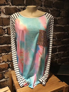TIE DYE FRENCH TERRY  TOP WITH STRIPE RAGLAN SLEEVES AND SEQUINS FRONT PATCH POCKETWomen’s long sleeve tie dye sequence pocket Size Xlarge
