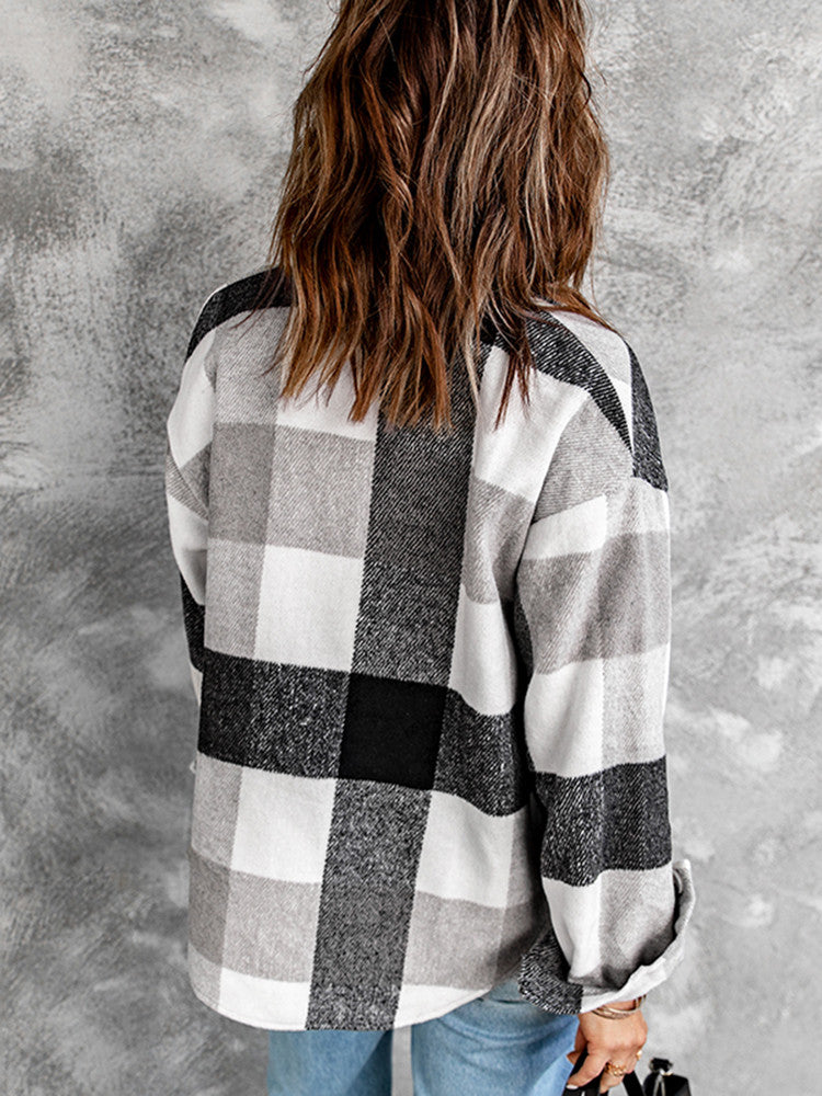 Shacket Plaid Color Block Buttoned Long Sleeve Jacket with Pocket