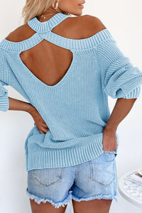 Cold Shoulder Sweater Solid Long Sleeve Loose Knit Sweater