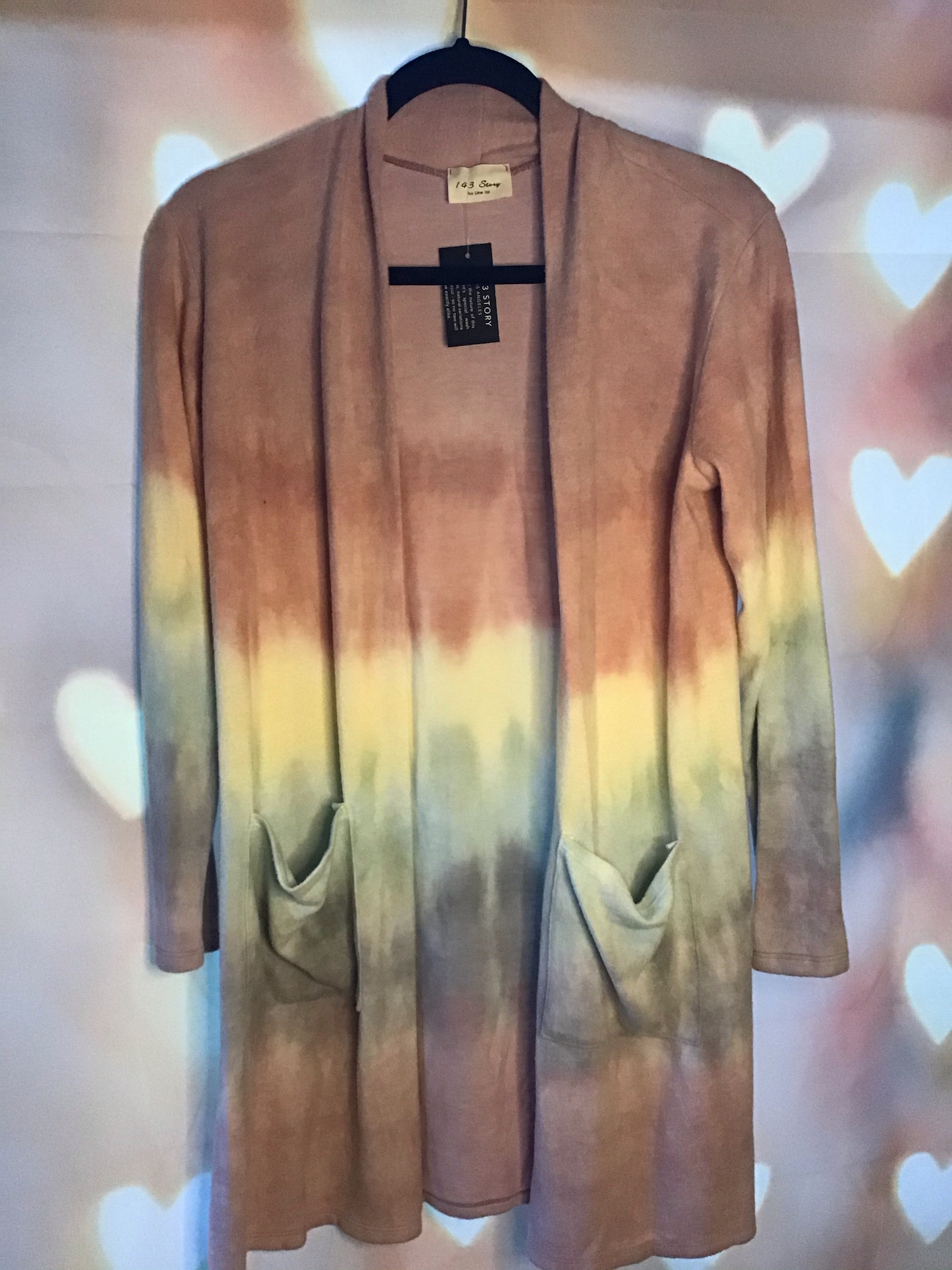 LAST ONE LONG SLEEVE CARDIGAN WITH FRONT POCKETS CASHMERE FEEL MULTI COLOR OMBRE GARMENT DYE OPEN FRONT
