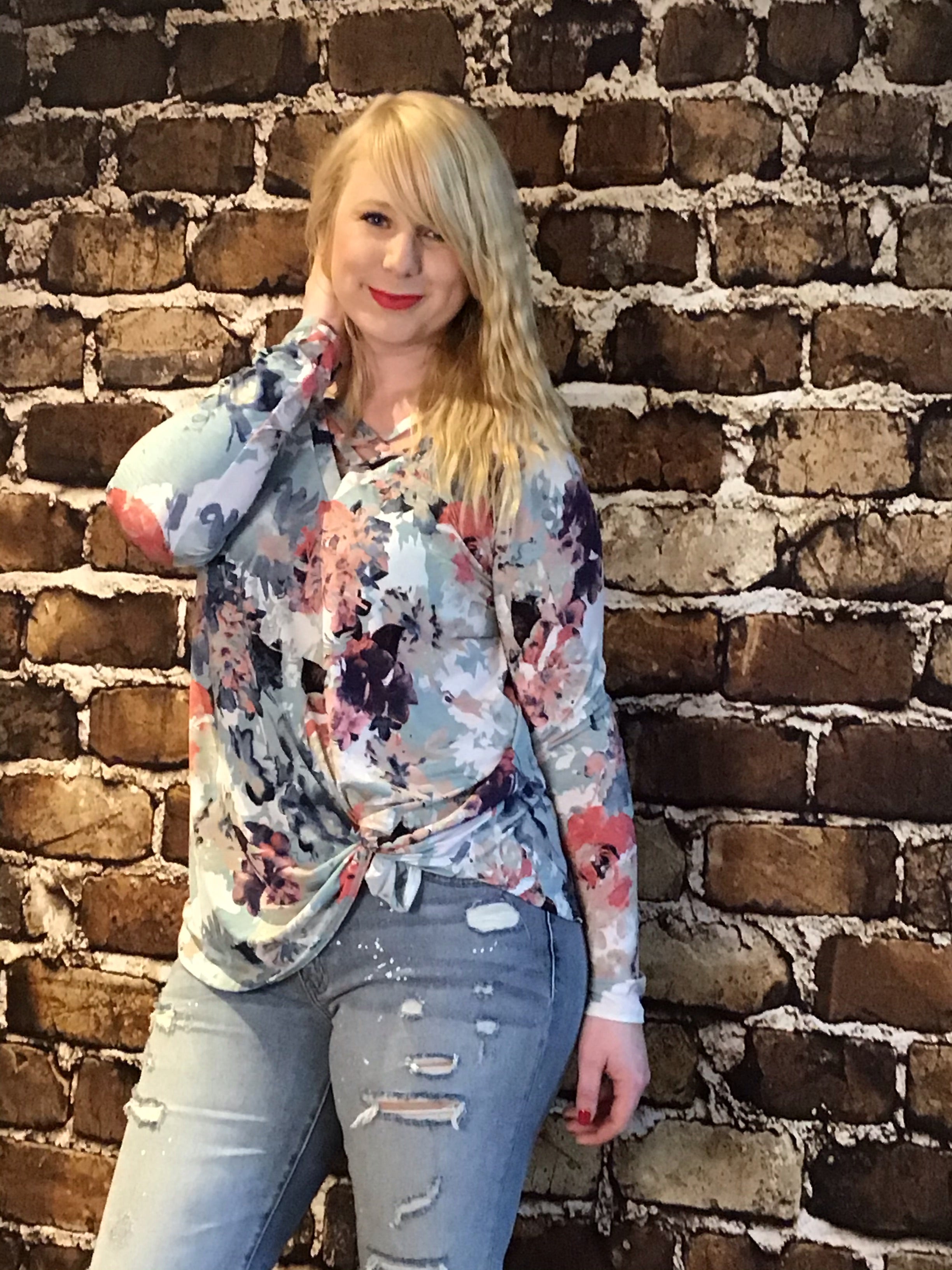 FLORAL BLUE PEACH TAN LONG PRINT SHIRT WITH DOUBLE CROSS STITCH