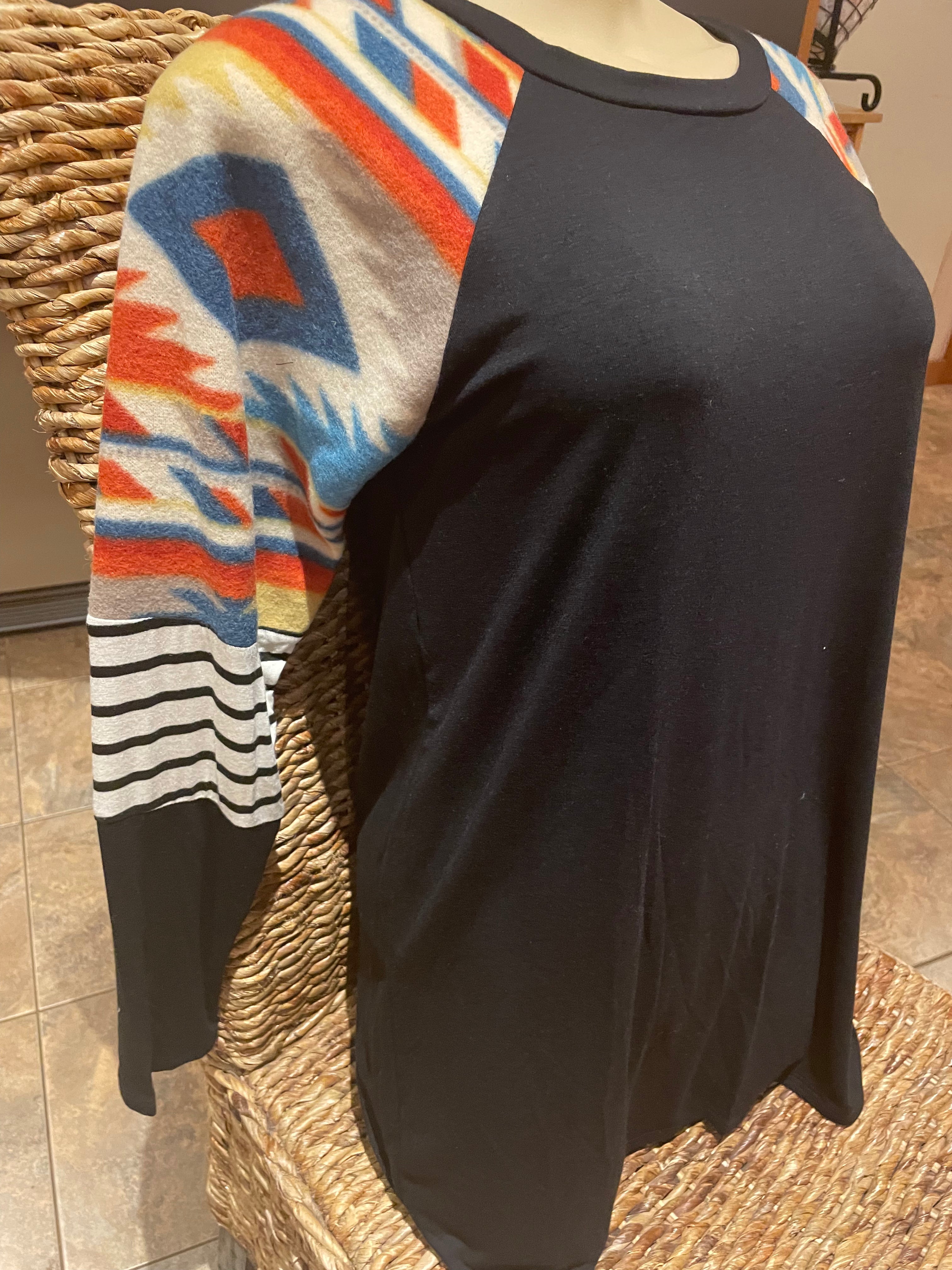 Black Navaho Women's Western Top Fitted 3/4 sleeve tee with a round neck