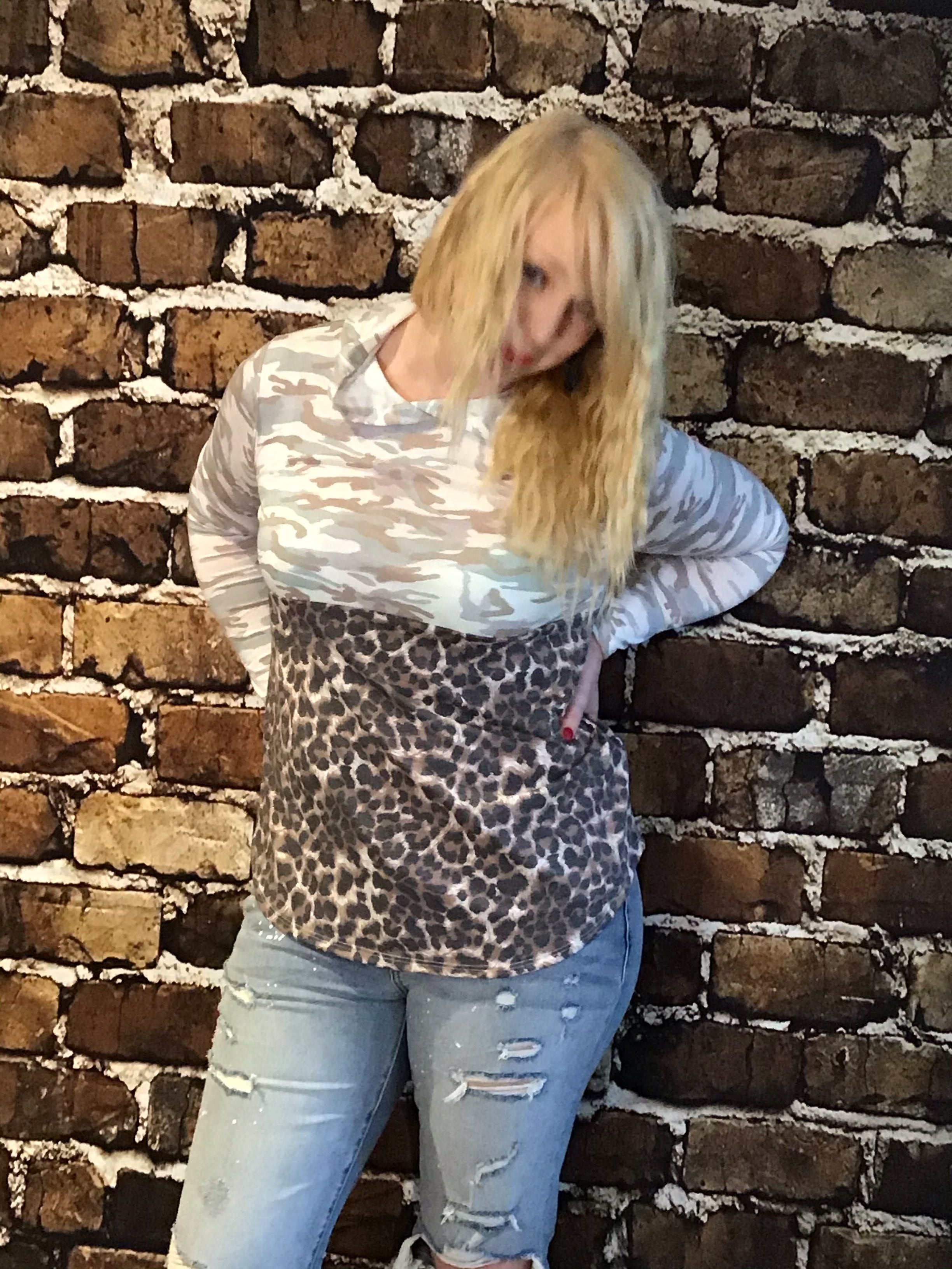 Cozy Long sleeve Cheetah Print with Camouflage long sleeve  print  with thumb holes