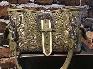 Western Handbag Buckle Collection Concealed Carry Shoulder/Crossbody Tan or Sage green in stock