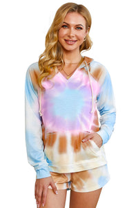 Multicolor Cotton Blend Pocketed Tie-dye Hoodie Shorts Suit