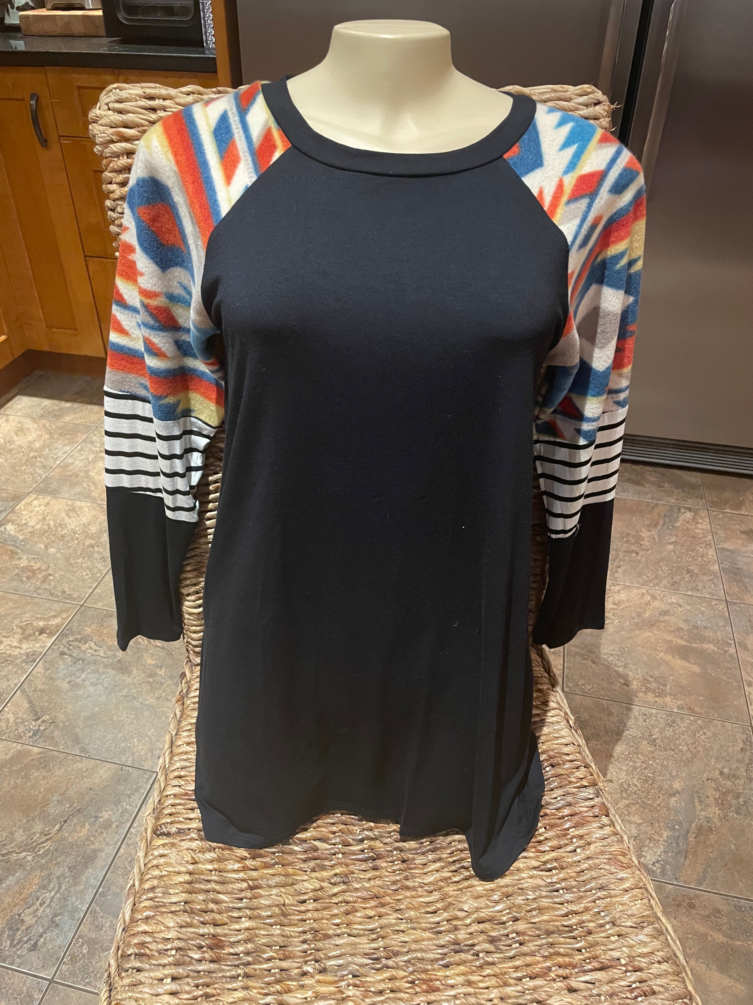 Black Navaho Women's Western Top Fitted 3/4 sleeve tee with a round neck