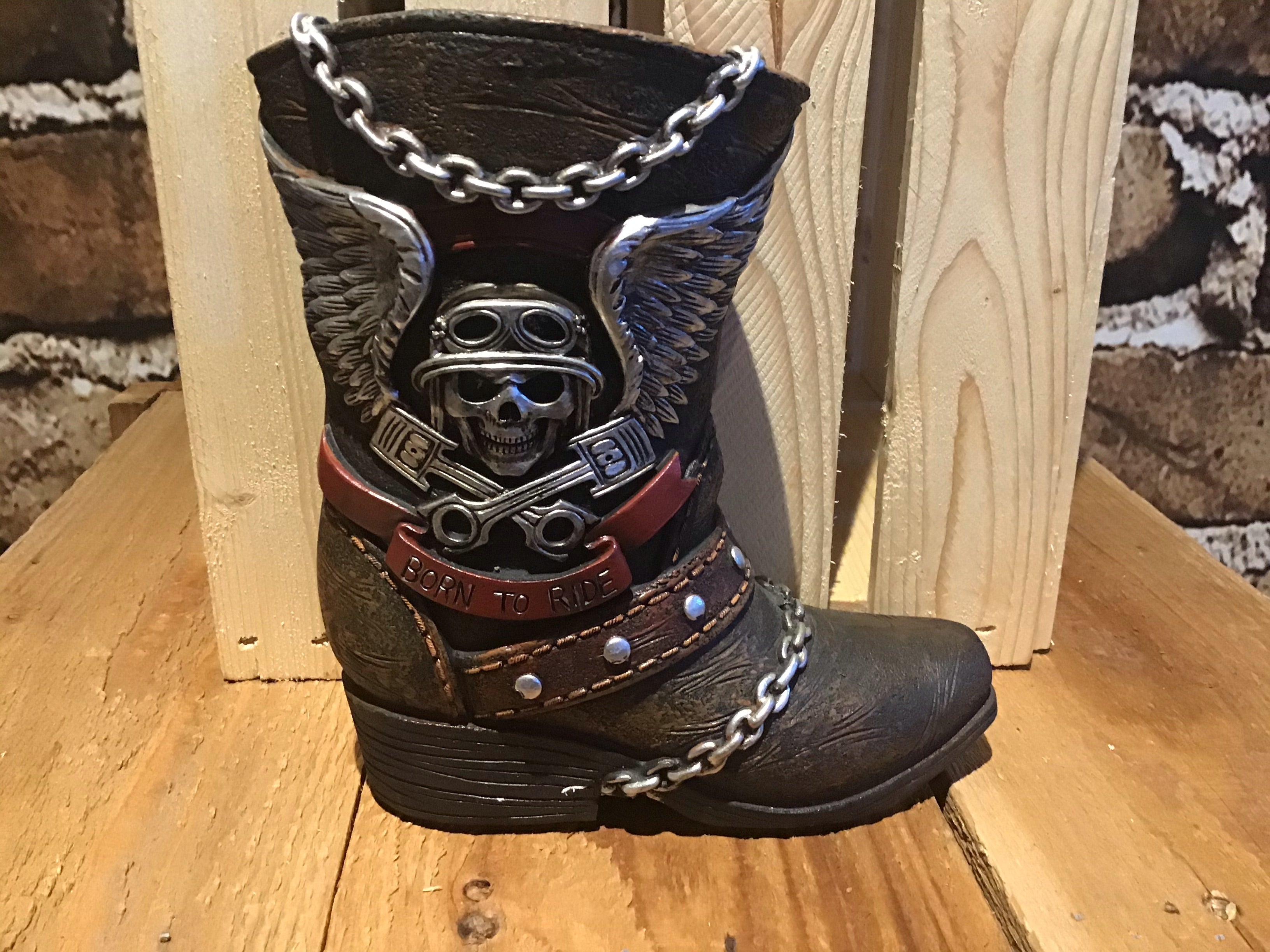 Motorcycle Boot Accented with a Skull, Wings, Chain, Pistons and a BORN TO RIDE  Vase