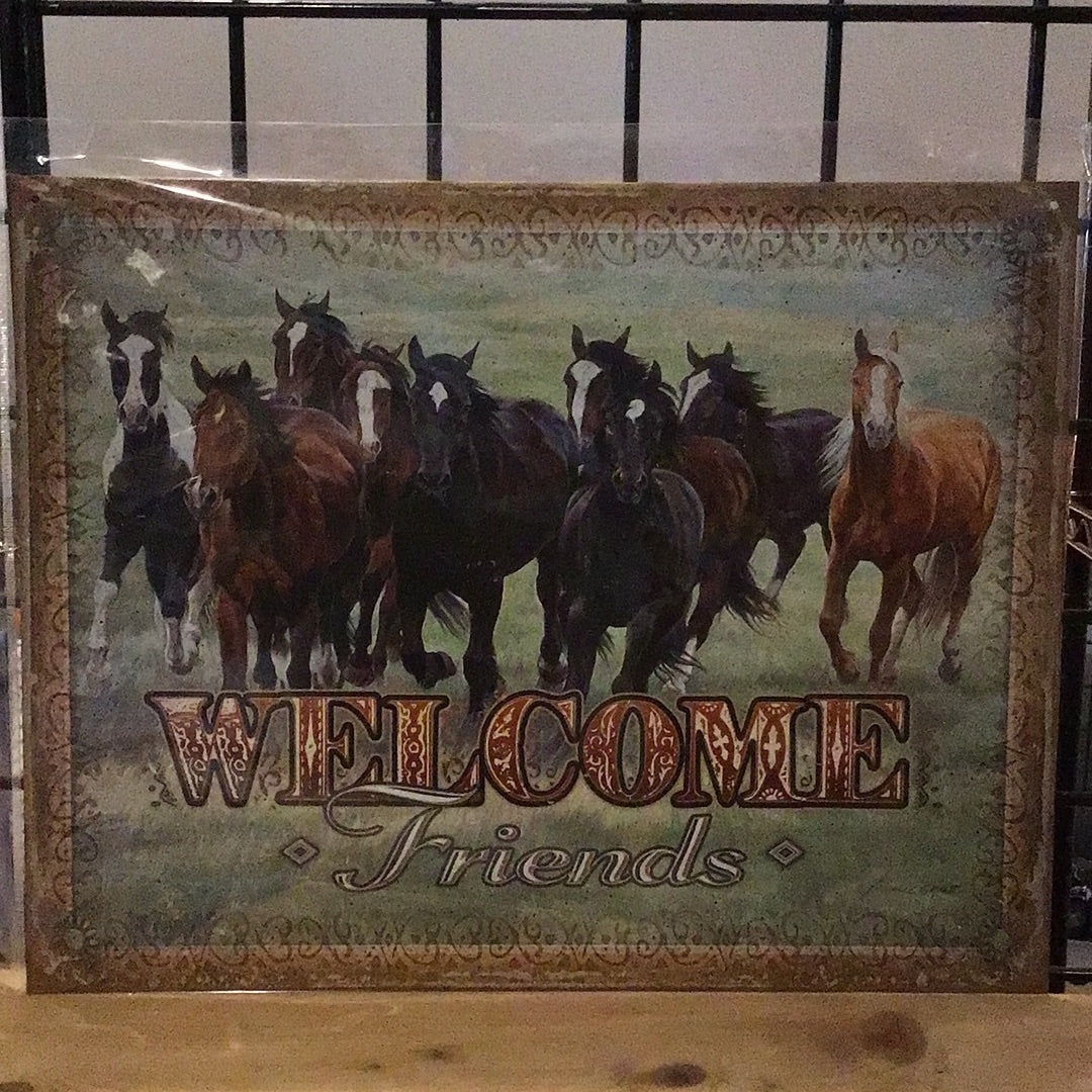 Welcome Friends Horses Rustic Cabin Cowboy Wall Bar Wall Décor Metal Tin Sign