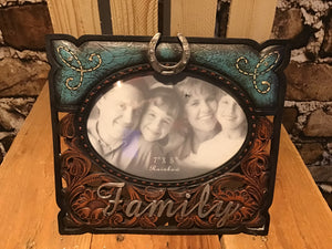 Photo Frame Western décor photo frame with family Print Horse Shoe Teal Blue 7x5