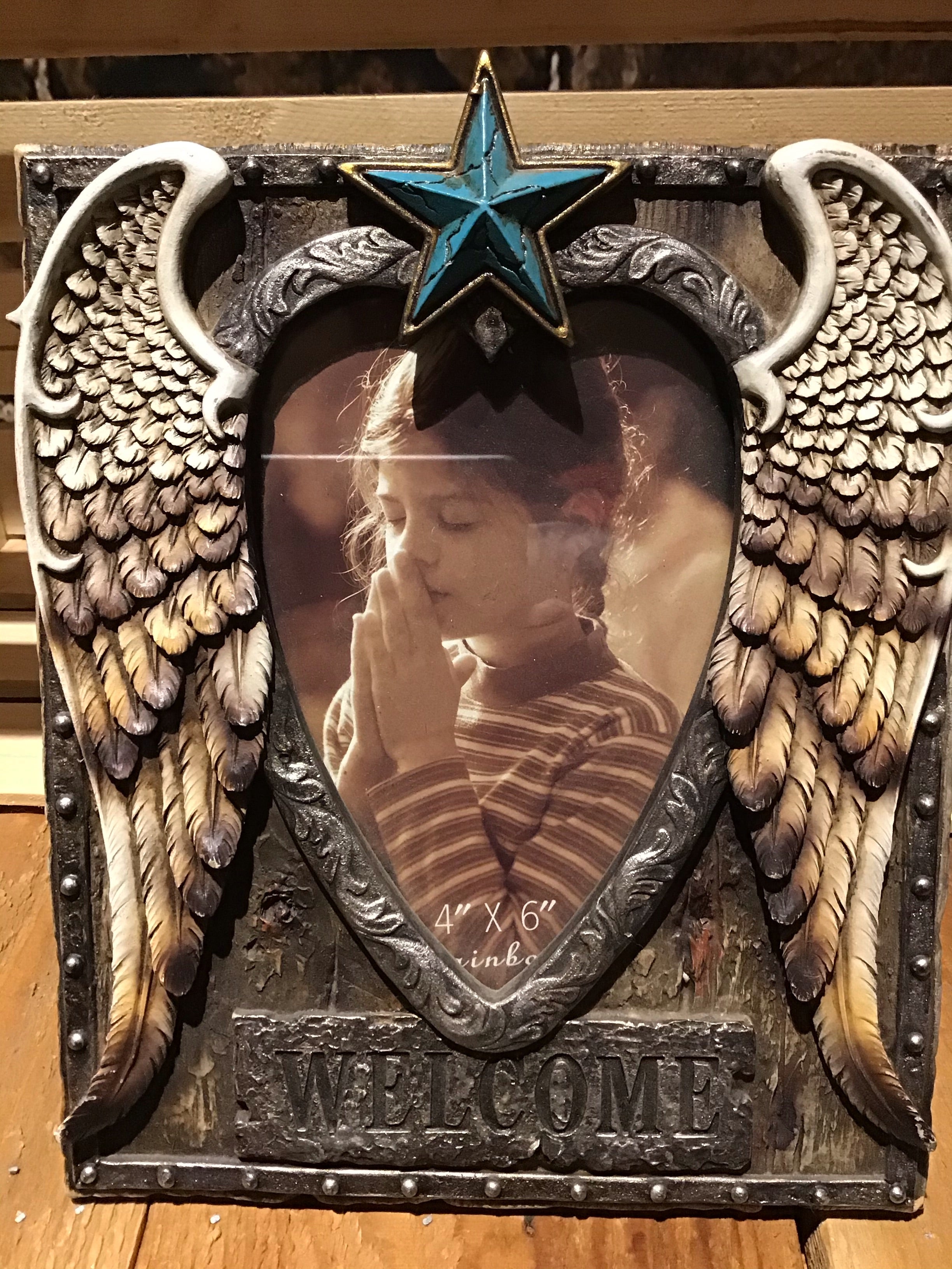 Angel heart shaped wing teal blue star welcome Photo Frame Western décor photo frame 4 x 6